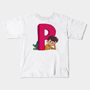 boy lies next to the capital letter P Kids T-Shirt